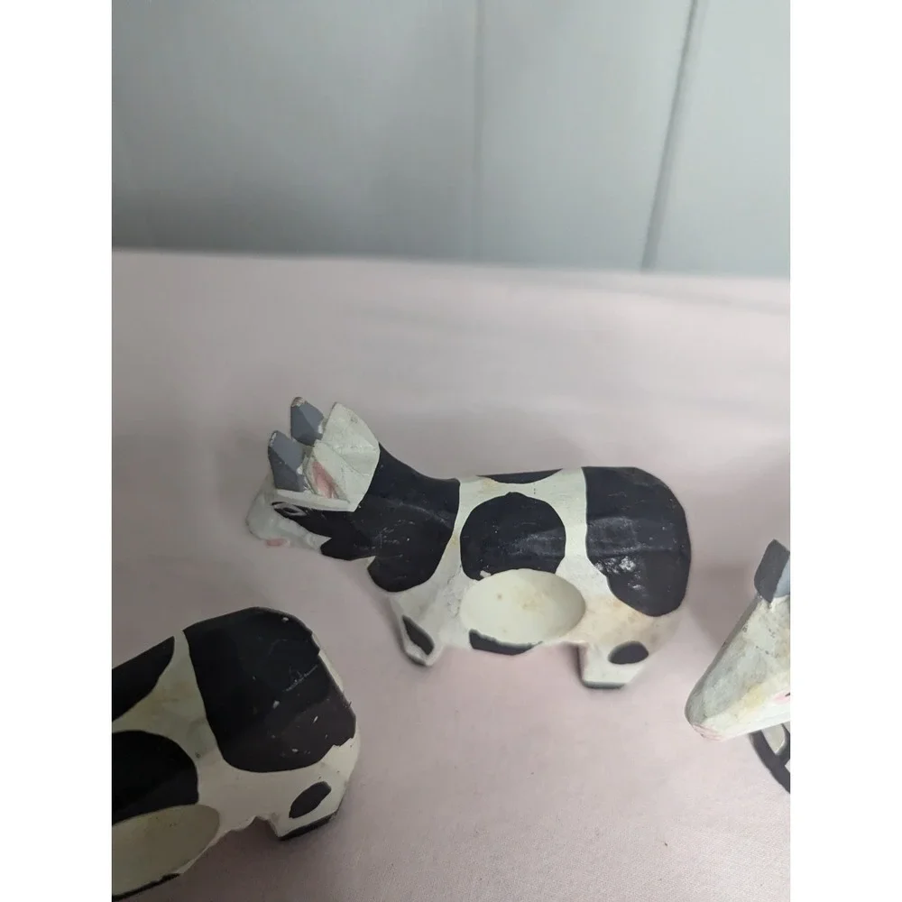 3 lot‎ wood painted cow black white napkin ring holders